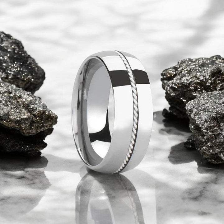 LYON Silver Tungsten Ring with Braided Sterling Silver Inlay by Aydins Jewelry