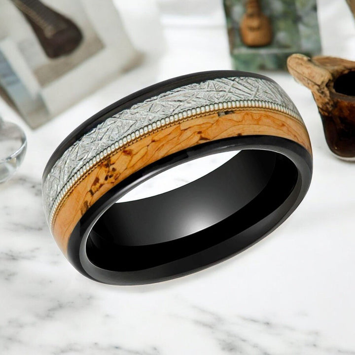 LYRIC Ring - Black Tungsten with Guitar String, Cork, and Faux Meteorite - Angled View