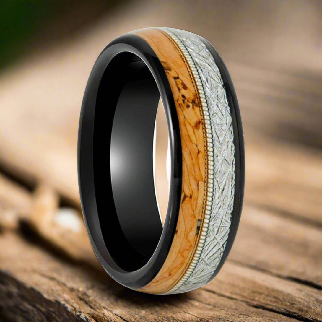 LYRIC | Black Tungsten, Cork & Meteorite Inlay, Guitar String, Domed - Rings - Aydins Jewelry - 3