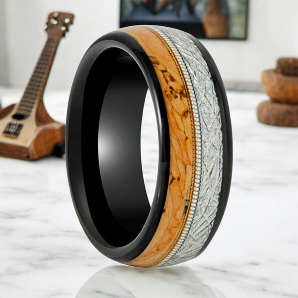 LYRIC Black Tungsten Ring with Cork and Faux Meteorite Inlay - Side View