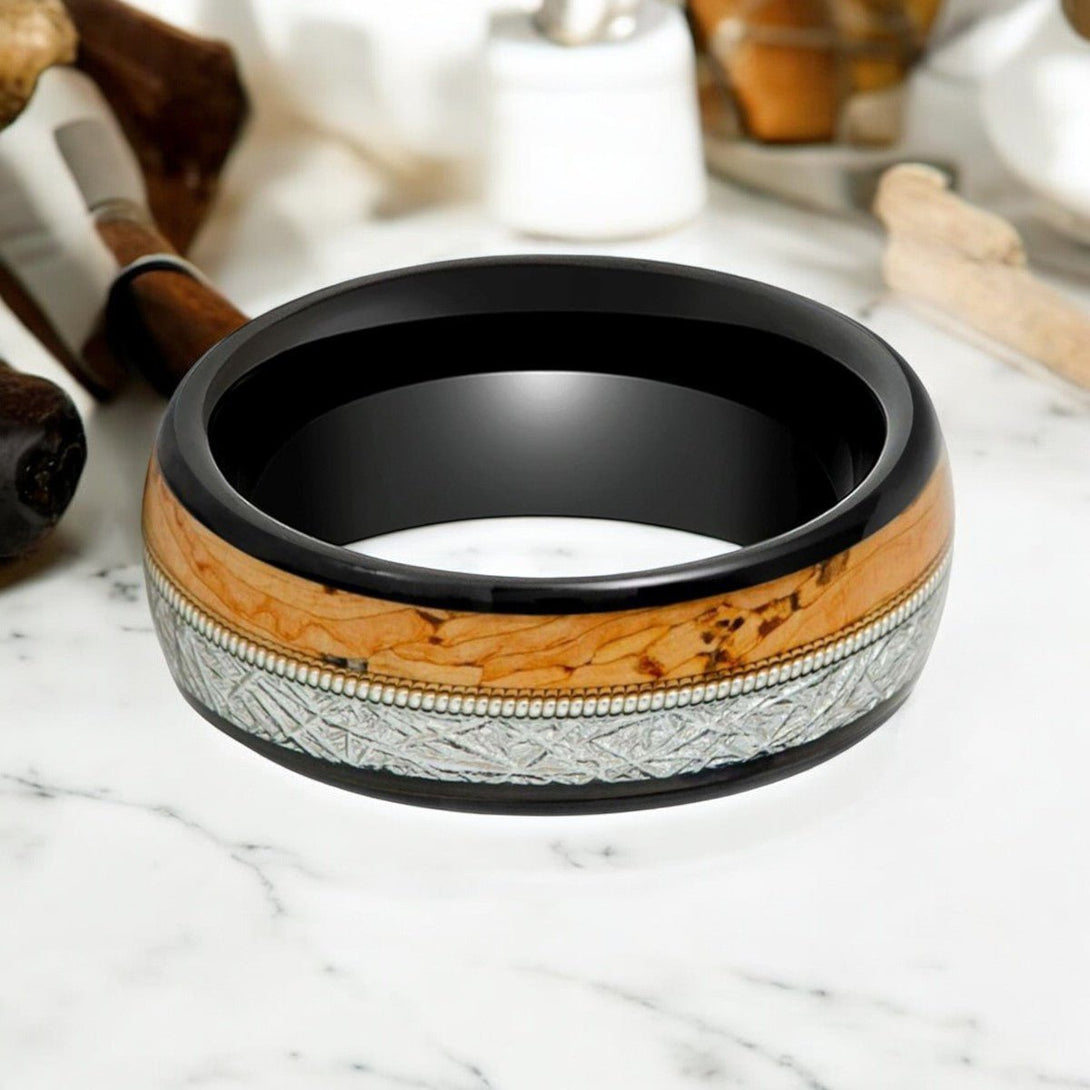 Black Tungsten LYRIC Ring Featuring Cork, Faux Meteorite, and Guitar String Inlay - Close-Up