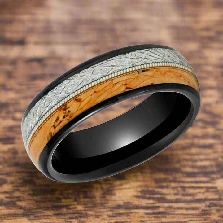 LYRIC | Black Tungsten, Cork & Meteorite Inlay, Guitar String, Domed - Rings - Aydins Jewelry - 4