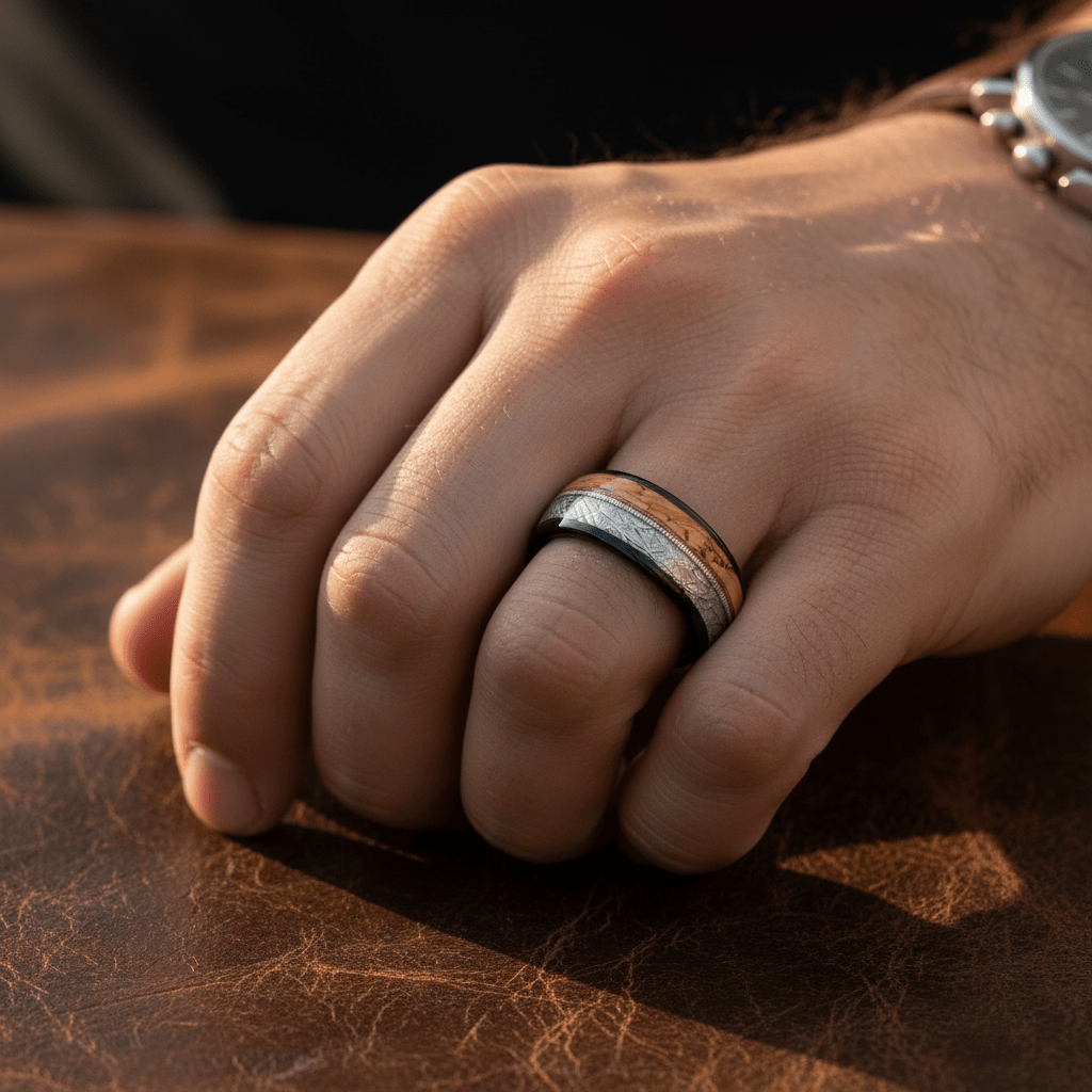 LYRIC — Lifestyle photo on hand — men's tungsten wedding ring.