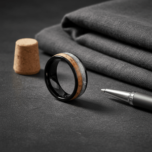 LYRIC — Editorial masculine still life — men's tungsten wedding ring.