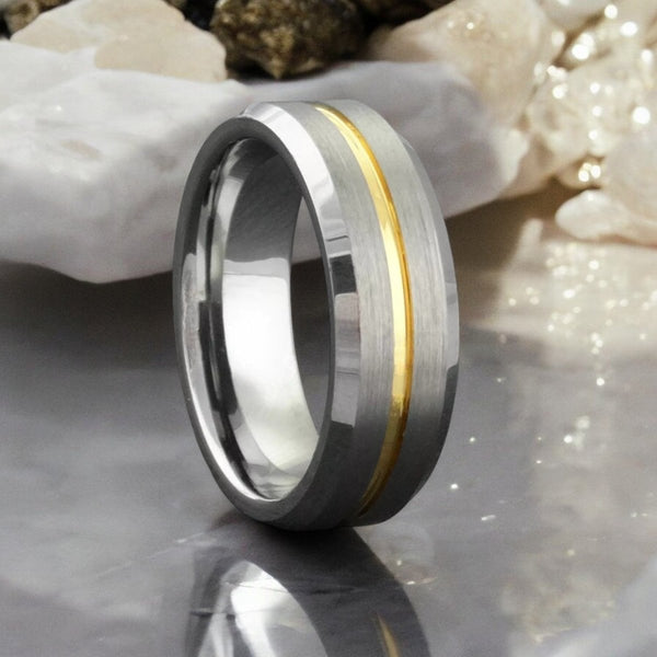 MAESTRO | Silver Tungsten Ring, Gold Groove, Beveled