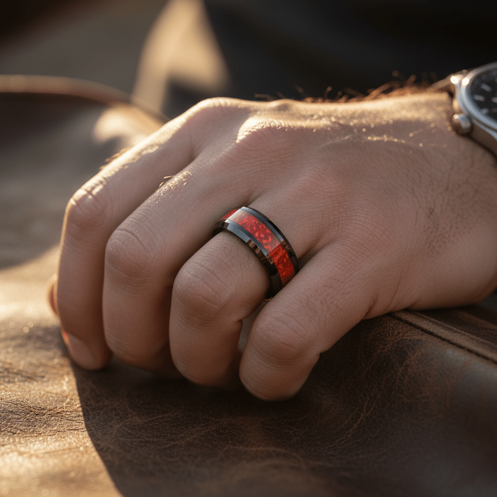 MAGICA — Lifestyle photo on hand — men's tungsten wedding ring.