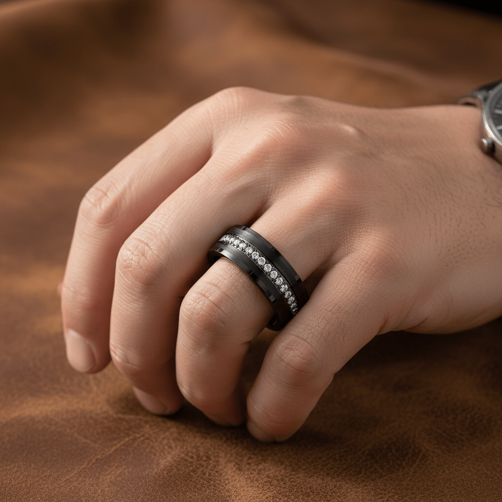 MAJESTIC — Lifestyle photo on hand — men's tungsten wedding ring.