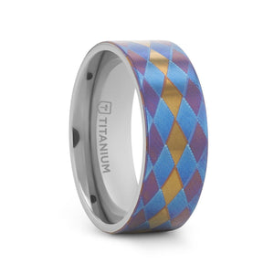 MAJESTIC flat titanium ring with anodized purple, blue, and gold diamond pattern, side profile