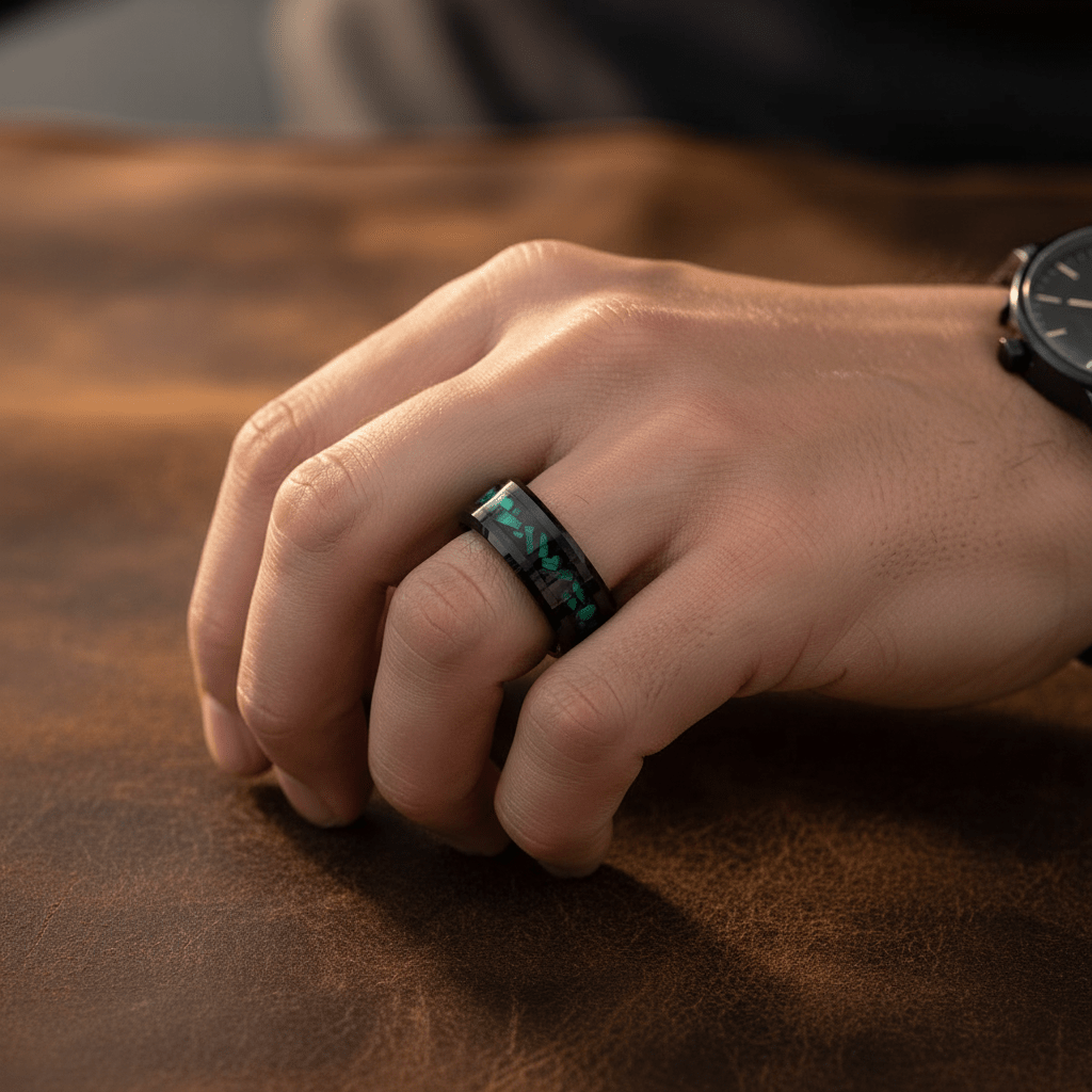 MALACHIP — Lifestyle photo on hand — men's tungsten wedding ring.