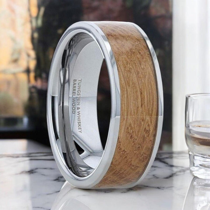 MALT silver tungsten ring with whiskey barrel inlay and flat polished edges.