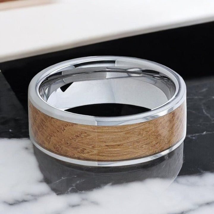 MALT tungsten ring with silver finish, whiskey barrel wood inlay, and comfort fit design.