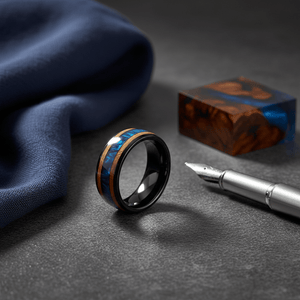 MARCO — Editorial masculine still life — men's tungsten wedding ring.
