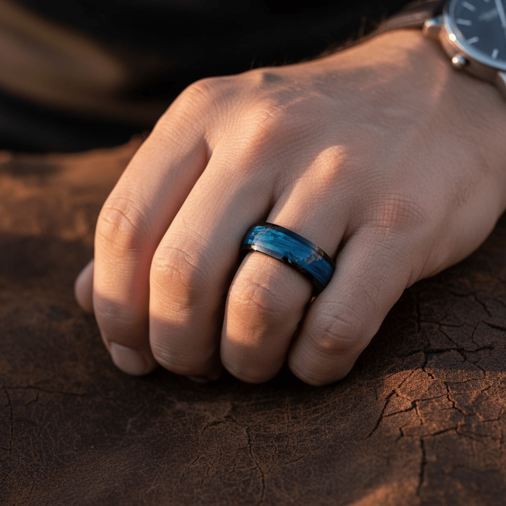MARCO — Lifestyle photo on hand — men's tungsten wedding ring.