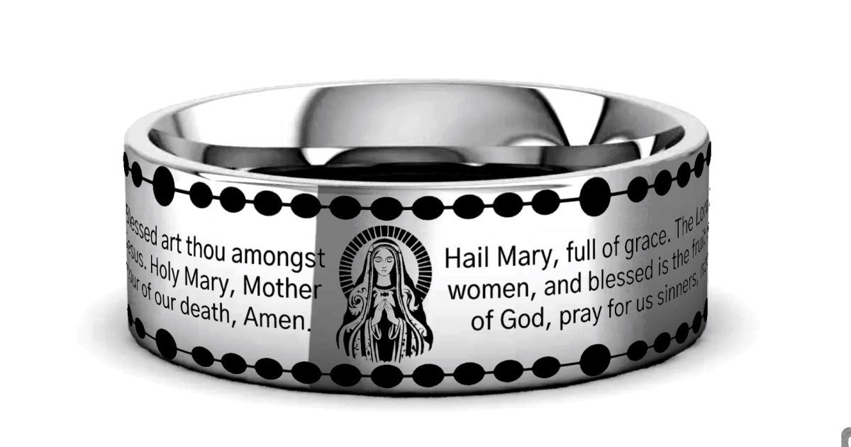 MARIAN Silver tungsten Christian wedding ring — angle 2
