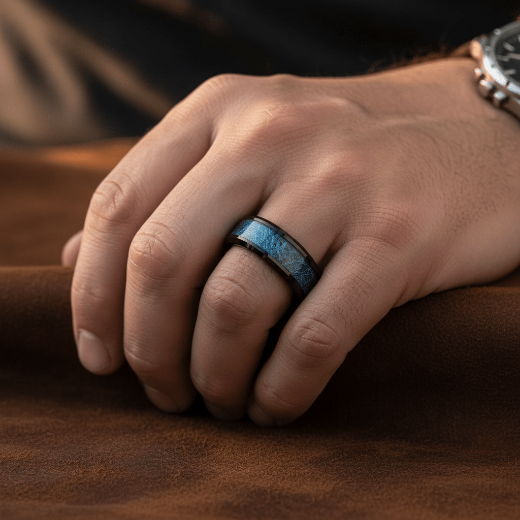 MARIEMONT — Lifestyle photo on hand — men's tungsten wedding ring.