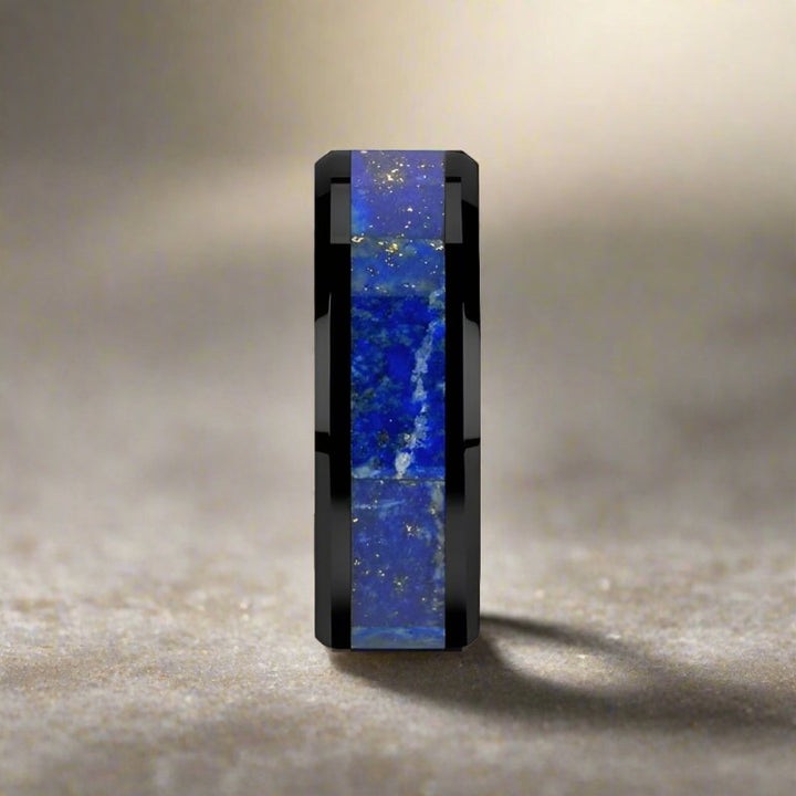 MARLOW | Black Ceramic Ring, Blue Lapis Lazuli Inlay, Beveled - Rings - Aydins Jewelry - 4