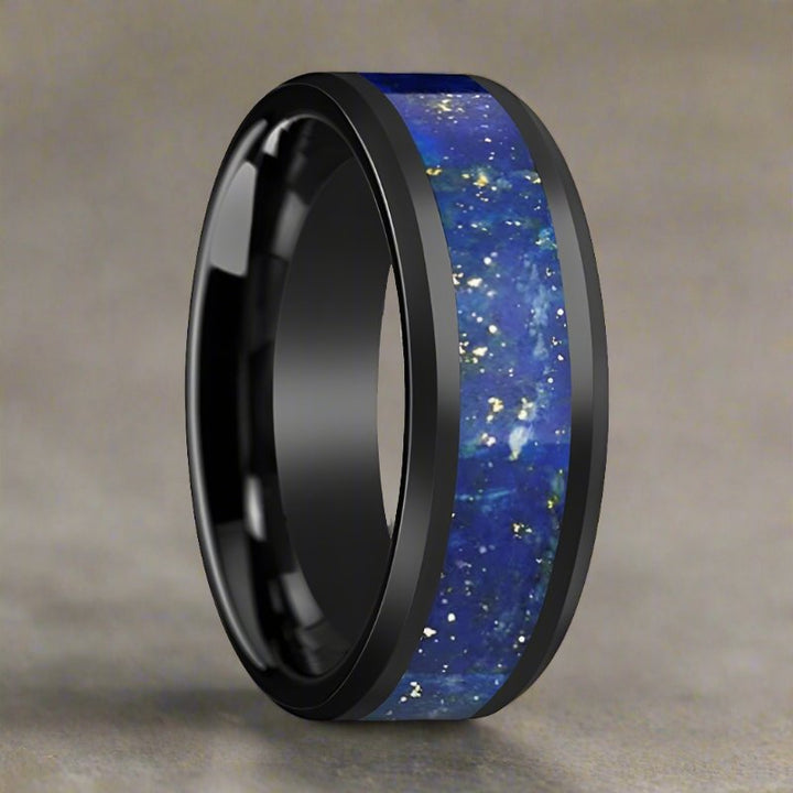 MARLOW | Black Ceramic Ring, Blue Lapis Lazuli Inlay, Beveled - Rings - Aydins Jewelry - 3