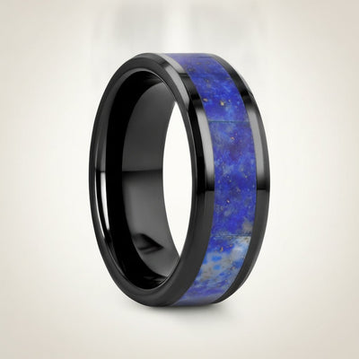 MARLOW polished black ceramic wedding band with blue lapis stone inlay running around the band and polished beveled edges, studio hero shot