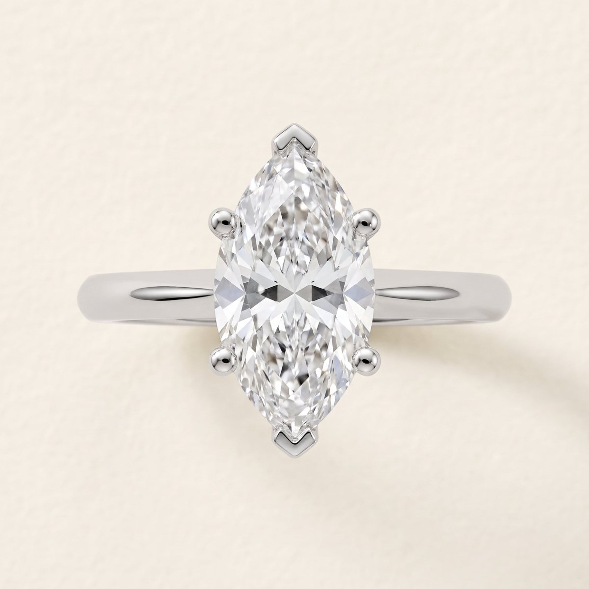 Marquise lab-grown diamond solitaire engagement ring, White Gold, face-on detail macro