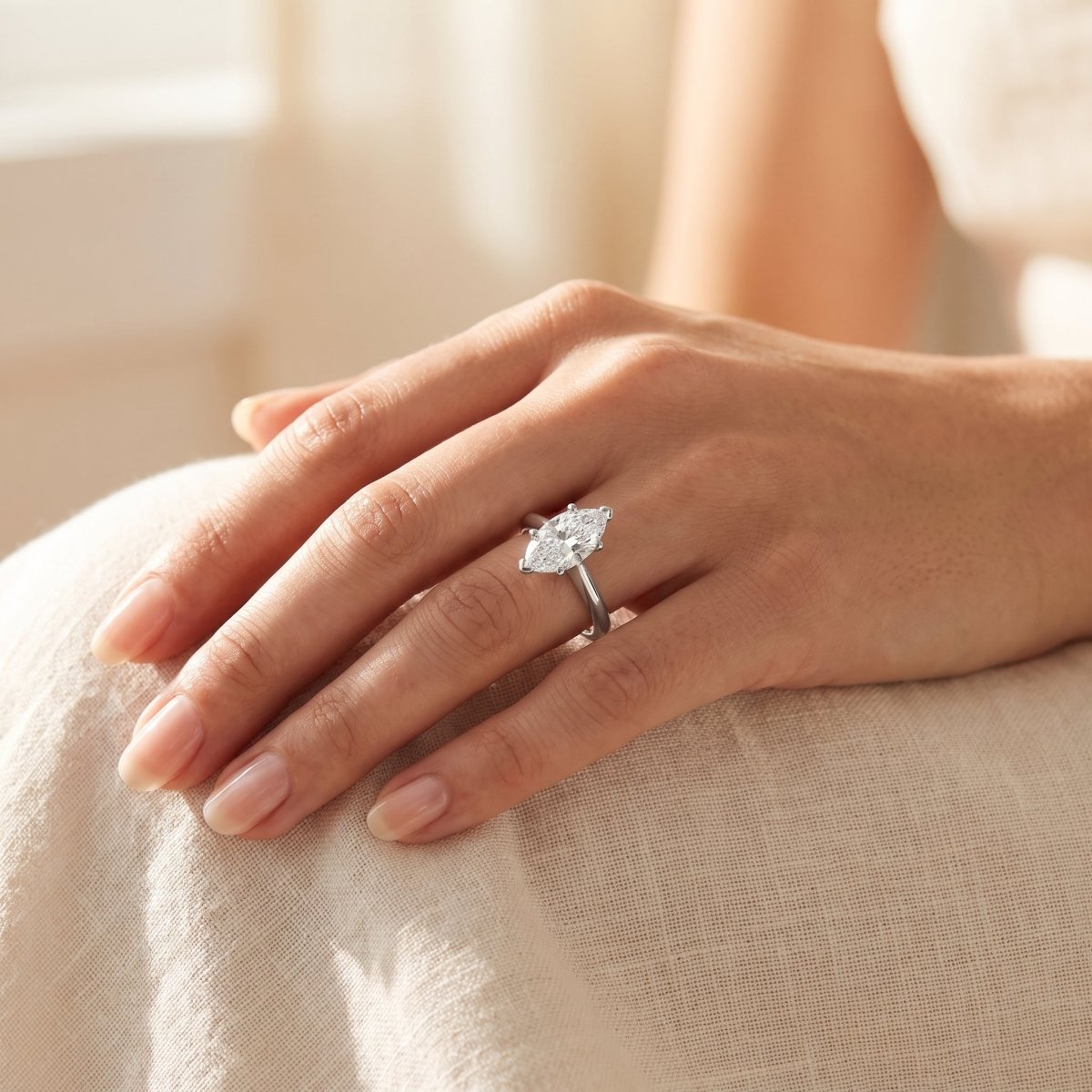 Marquise lab-grown diamond solitaire engagement ring, 925 Sterling Silver, lifestyle photograph
