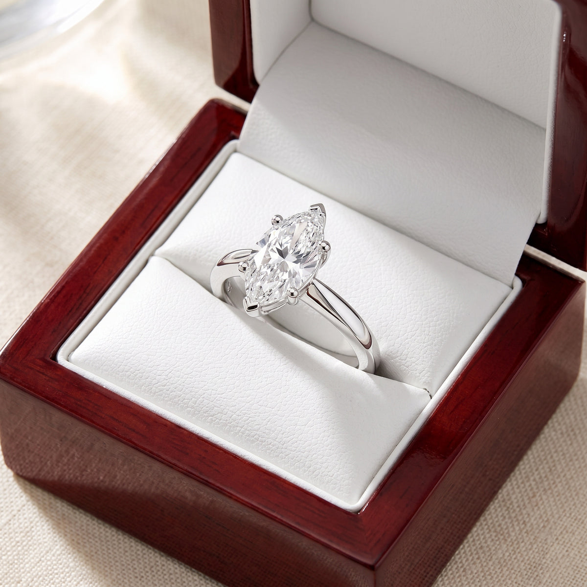 Marquise lab-grown diamond solitaire engagement ring, 925 Sterling Silver, in cherry-wood ring box