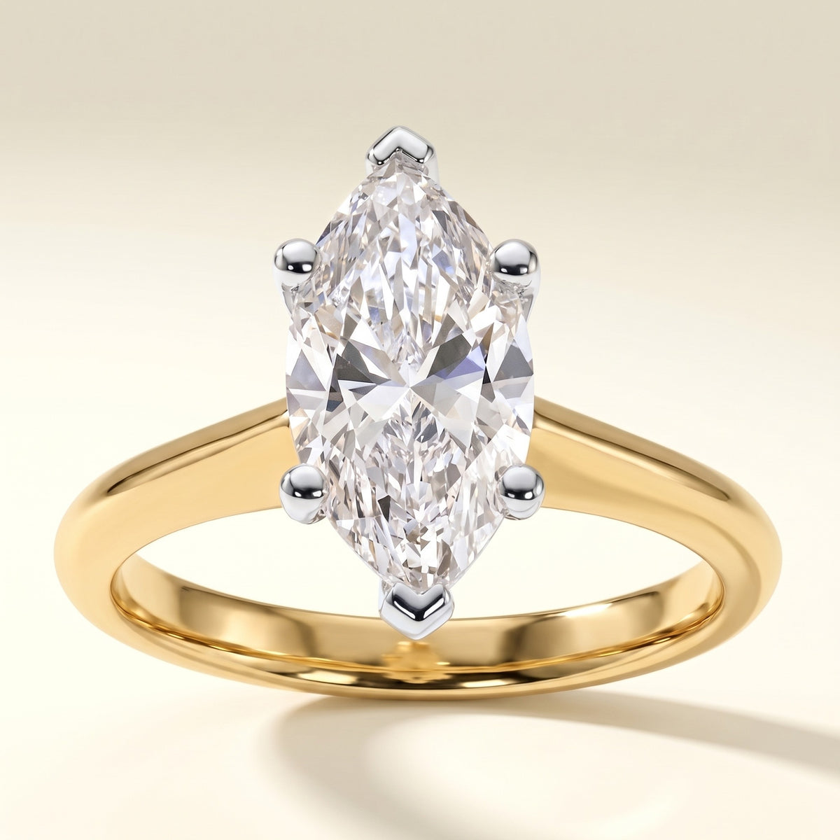 IMOGEN marquise lab-grown diamond ring in 10K two-tone gold, front view, approx. 1 ct center