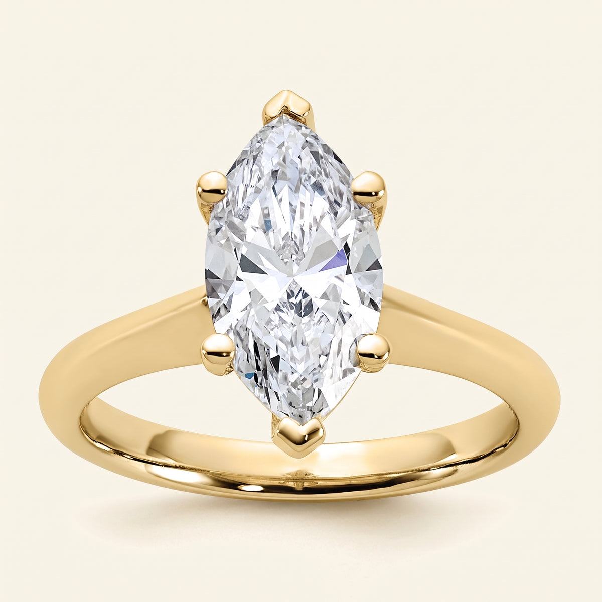 Marquise lab-grown diamond solitaire engagement ring, Yellow Gold, face-on detail macro