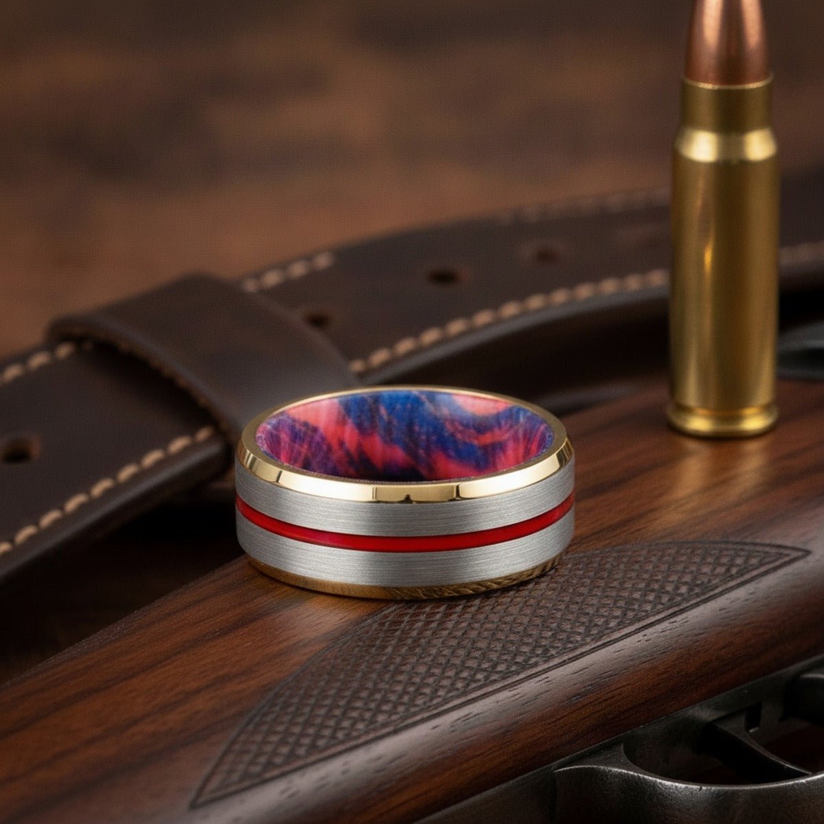 Aydins MASTERY | Tungsten Blue Red Wood Inlay Ring 8mm lifestyle scene, gunsmith table
