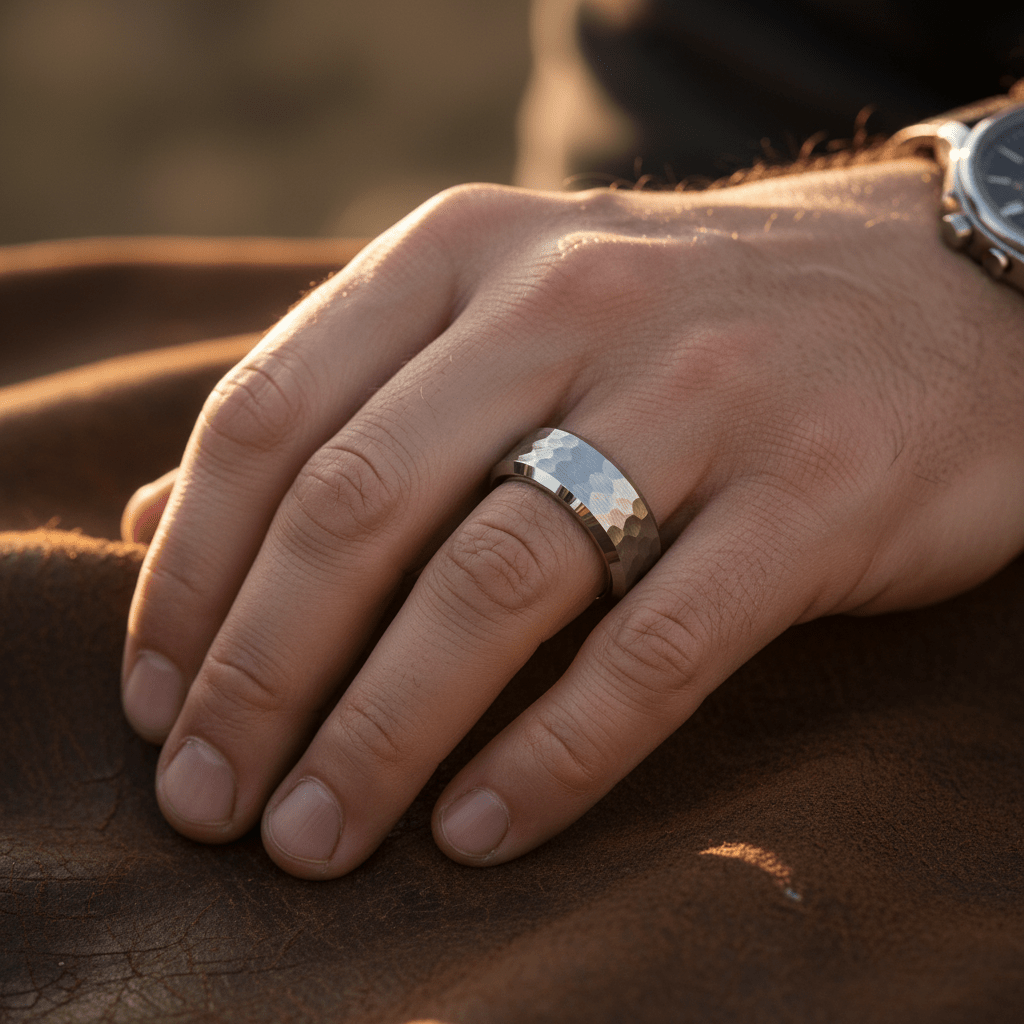 MATADOR — Lifestyle photo on hand — men's tungsten wedding ring.