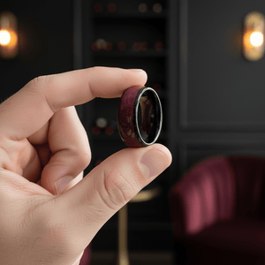 MATHAIOS — Held between fingers close-up — men's tungsten wedding ring.
