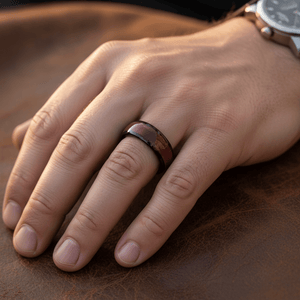 MATHAIOS — Lifestyle photo on hand — men's tungsten wedding ring.