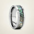 MAUI silver tungsten wedding band with iridescent mother of pearl inlay running around the band and polished edges, studio hero shot