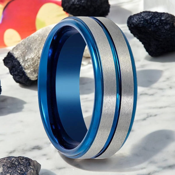 MAXTOM Blue Tungsten Ring with Silver Stripes and Blue Groove - Front View