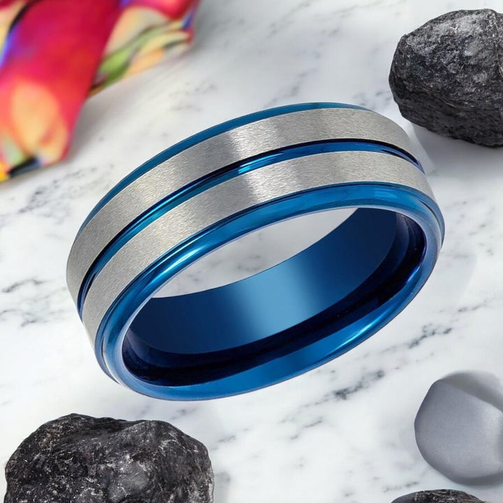 MAXTOM Blue Tungsten Ring - Stepped Edge Design and Silver Stripes