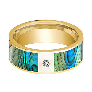Mother of Pearl inlay 14k yellow gold wedding band 8mm with diamond, side profile