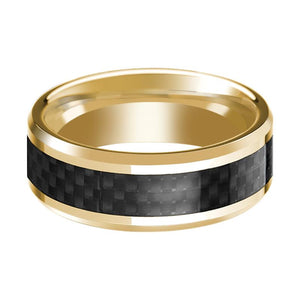 Black Carbon Fiber inlay 14k yellow gold wedding band 8mm, side profile