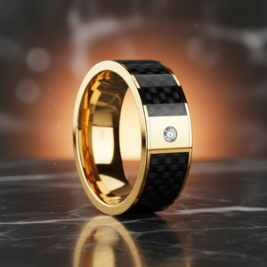 Black Carbon Fiber inlay 14k yellow gold wedding band 8mm with diamond, additional view 8