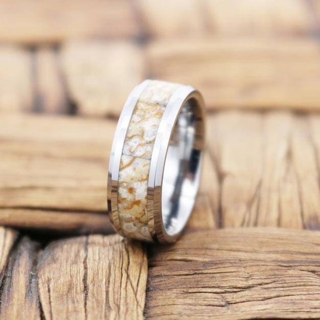 MESOZOIC | Tungsten Ring, White Dinosaur Bone Inlay, Beveled - Rings - Aydins Jewelry - 3