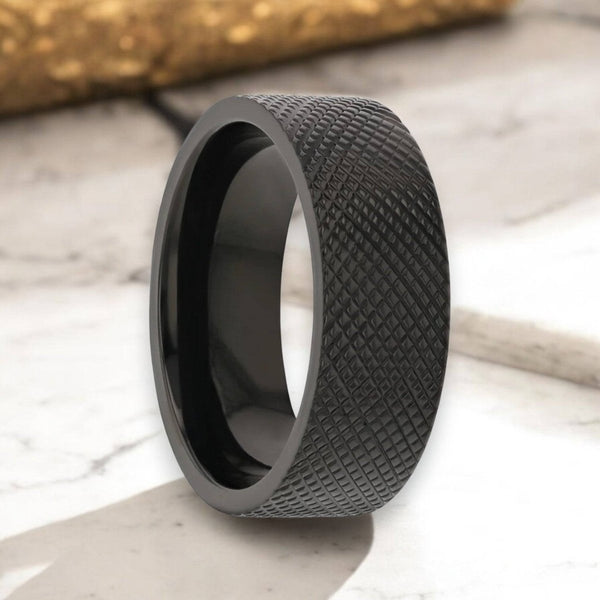 MIDNIGHT Black Zirconium Ring with knurled texture and flat profile by Aydins Jewelry.