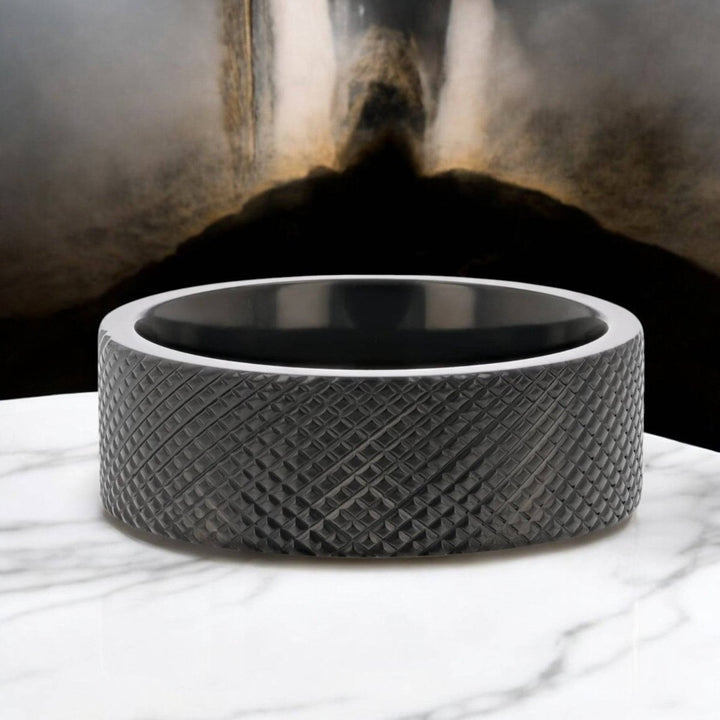 MIDNIGHT Black Zirconium Ring - Unique wedding band with knurled finish by Aydins Jewelry.