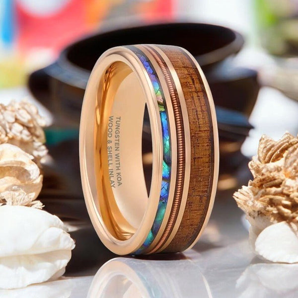 MOANA smoked rose gold tungsten ring with Hawaiian Koa wood and abalone shell inlay.