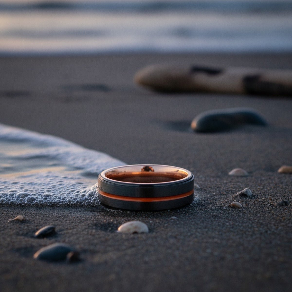 Aydins MONTGOMERY | Rose Gold Ring, Black Tungsten Ring, Orange Groove, Stepped Edge lifestyle scene, saltwater tide