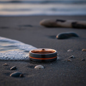 Aydins MONTGOMERY | Rose Gold Ring, Black Tungsten Ring, Orange Groove, Stepped Edge lifestyle scene, saltwater tide