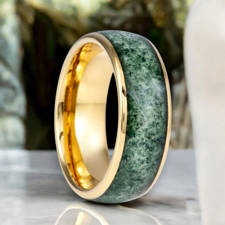 MOOSAIRE Gold Tungsten Ring with Moss Agate Inlay and Domed Design - Aydins Jewelry.