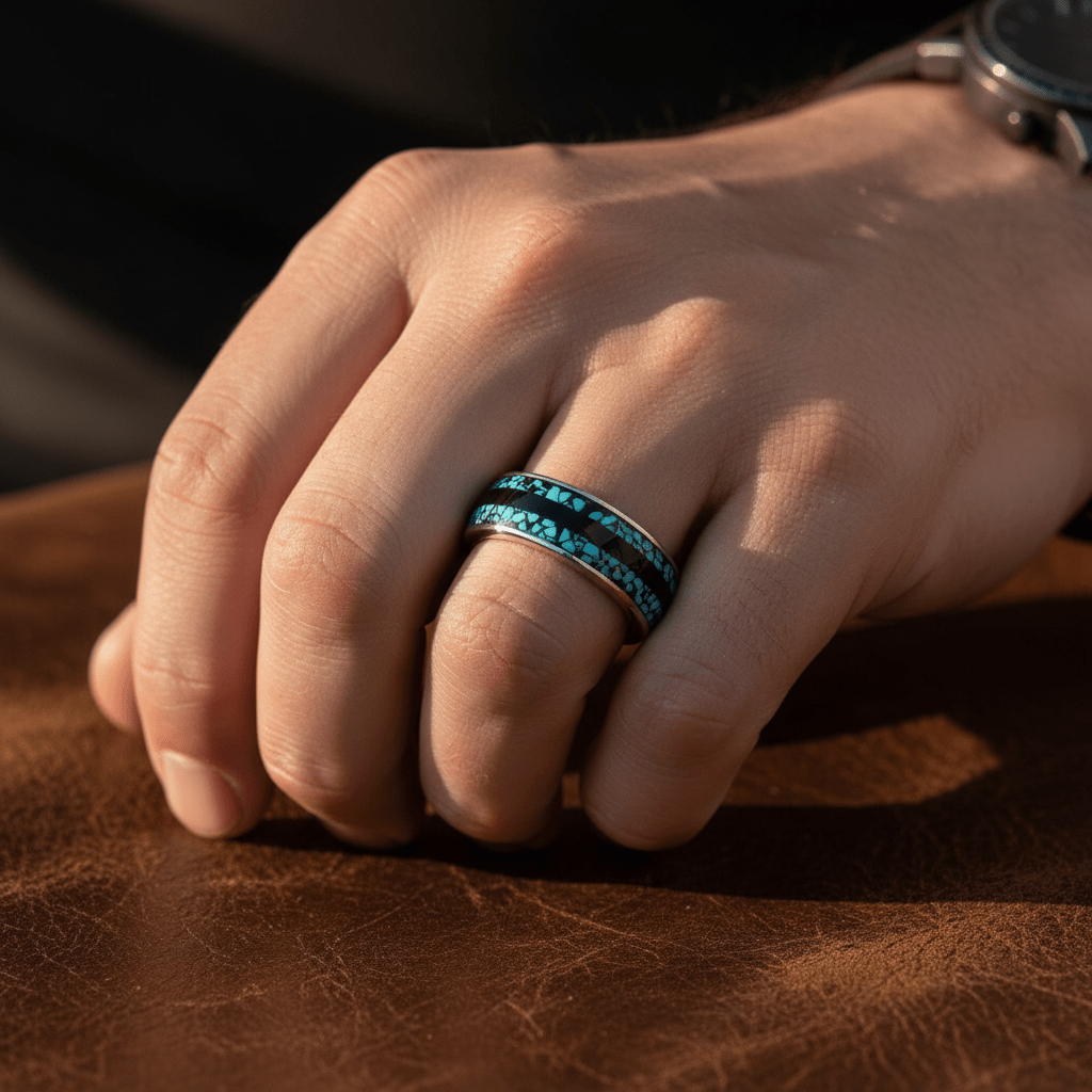 MOSAIC — Lifestyle photo on hand — men's tungsten wedding ring.
