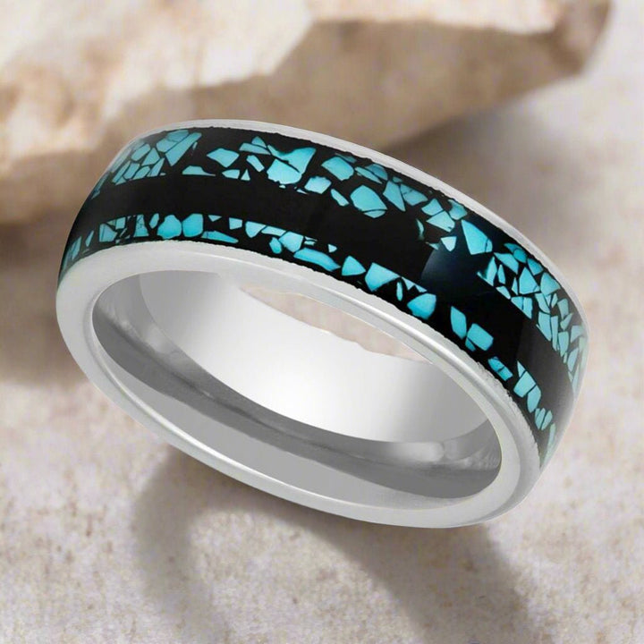 Side view of MOSAIC ring showing the domed design and vibrant turquoise inlay