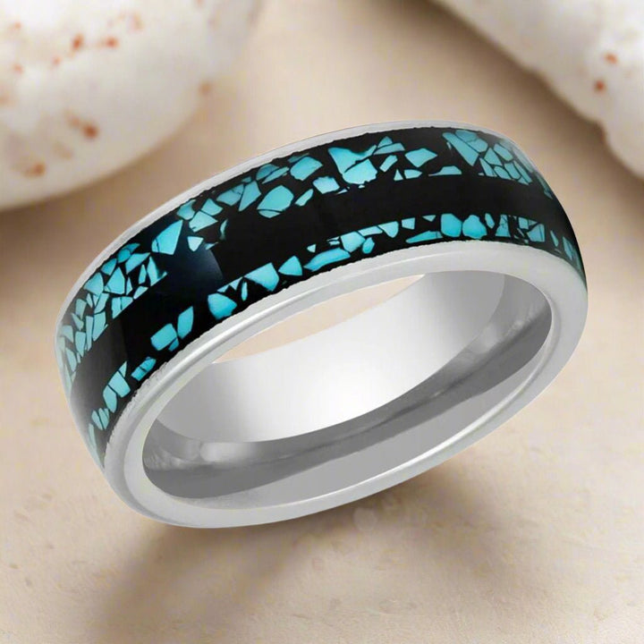 Aydins Jewelry MOSAIC ring - Silver tungsten with turquoise fragments and black strip center