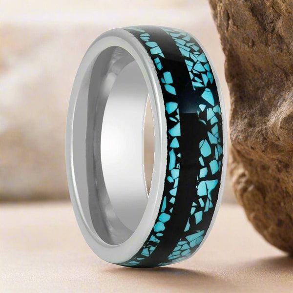 MOSAIC Silver Tungsten Ring with turquoise fragments inlay and black strip center - Aydins Jewelry