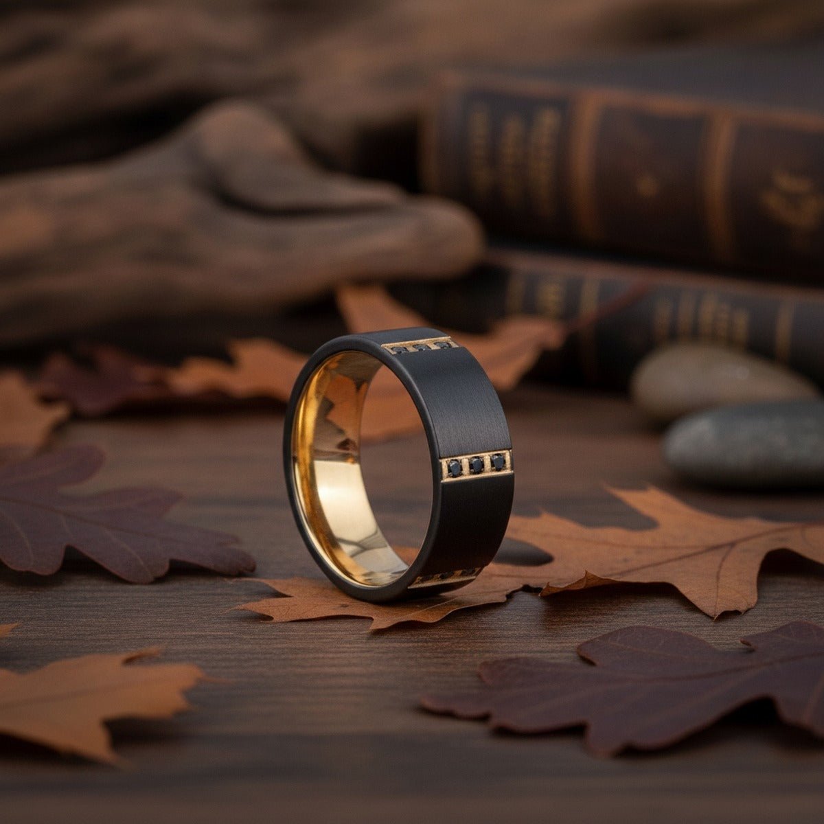 Aydins MURAMASA | Black Titanium Ring, Triple Black Diamond Setting, Flat lifestyle scene, autumn oak leaves