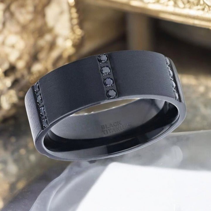 MYSTERIOUS black titanium wedding band with six sets of quadruple black sapphires - Aydins Jewelry.